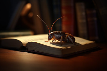 A closeup shot of a cockroach in a library, surrounded by books, evokes a sense of serenity and contemplation. Generative AIの素材