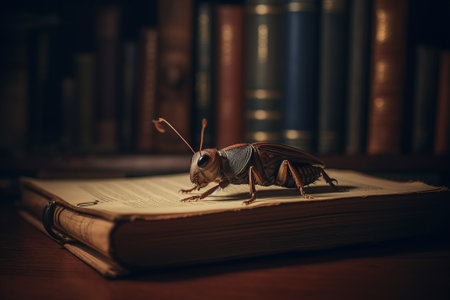 A closeup shot of a cockroach in a library, surrounded by books, evokes a sense of serenity and contemplation. Generative AIの素材