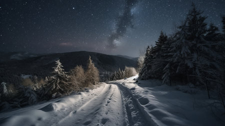 A winter storm in the mountains. The snowdrifts that cover the paths and roads make travel difficult, but the stars in the sky add a sense of peace and tranquility to the scene. Generative AIの素材