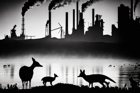Silhouettes of animals on the terrain with ecological problems. Polluted air by factories, toxic waste, water pollution. Generative AI.の素材