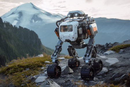 A journey of robot as it explores the remote wilderness, equipped with advanced sensors to navigate the rugged terrain. Generative AIの素材