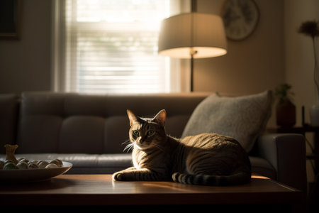 A cat lounges on a plush couch in a cozy living room, basking in the soft, natural light that illuminates the space. Generative AIの素材