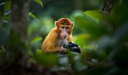 The monkey is holding the camera of the photographer. Generative AIの素材