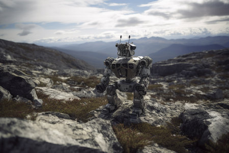 A journey of robot as it explores the remote wilderness, equipped with advanced sensors to navigate the rugged terrain. Generative AIの素材