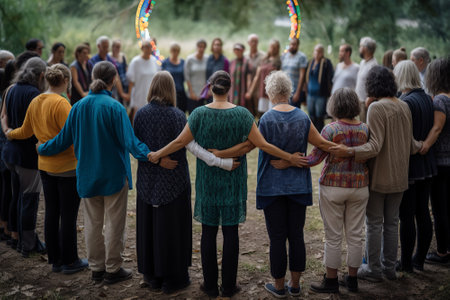 A striking image of the back view of participants engaged in a ritual or ceremony, capturing the power of communal spiritual connection. Generative AIの素材