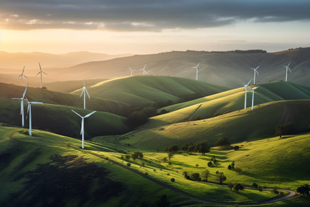 A wind turbine farm generating renewable green energy in a picturesque natural environment, contributing to sustainable development and eco friendly industries. Generative AIの素材