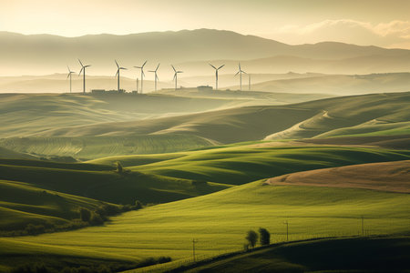 A wind turbine farm generating renewable green energy in a picturesque natural environment, contributing to sustainable development and eco friendly industries. Generative AIの素材