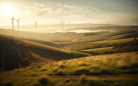 A wind turbine farm generating renewable green energy in a picturesque natural environment, contributing to sustainable development and eco friendly industries. Generative AIの素材