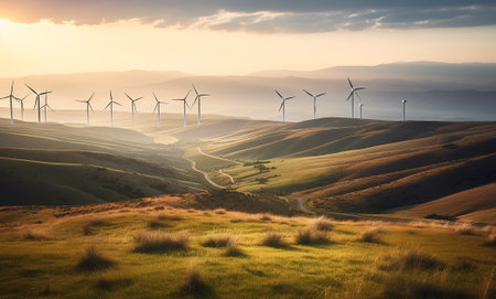 A wind turbine farm generating renewable green energy in a picturesque natural environment, contributing to sustainable development and eco friendly industries. Generative AIの素材