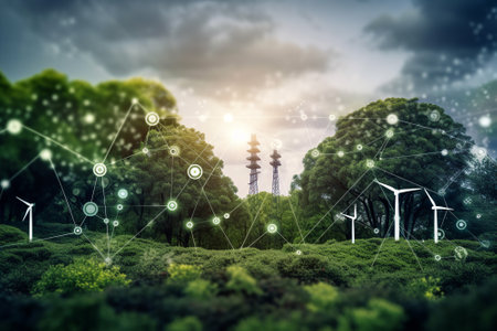 Future of environmental conservation and sustainable development through the use of renewable resources and advanced technology, with focus on reducing pollution and carbon emissions. Generative AIの素材
