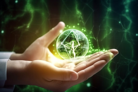 Future of environmental conservation and sustainable development through the use of renewable resources and advanced technology, with focus on reducing pollution and carbon emissions. Generative AIの素材