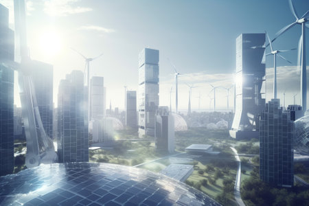 A vision of a city that combines innovation and sustainability, using future technology to create a better living environment for its residents. Generative AIの素材
