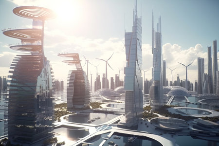 A vision of a city that combines innovation and sustainability, using future technology to create a better living environment for its residents. Generative AIの素材