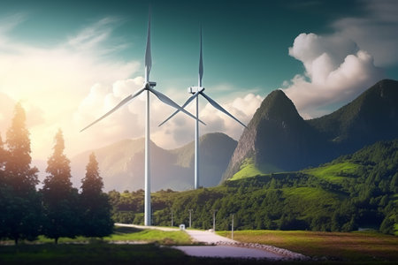 A wind turbine farm generating renewable green energy in a picturesque natural environment, contributing to sustainable development and eco friendly industries. Generative AIの素材