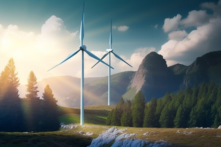 A wind turbine farm generating renewable green energy in a picturesque natural environment, contributing to sustainable development and eco friendly industries. Generative AIの素材