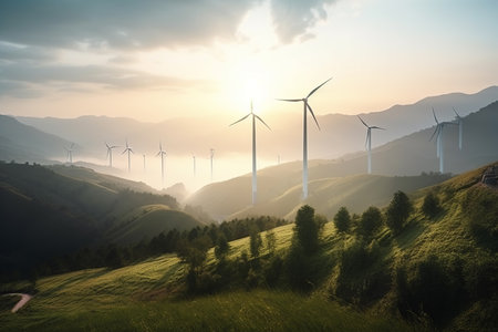 A wind turbine farm generating renewable green energy in a picturesque natural environment, contributing to sustainable development and eco friendly industries. Generative AIの素材