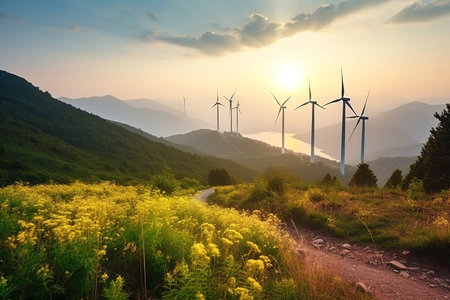 A wind turbine farm generating renewable green energy in a picturesque natural environment, contributing to sustainable development and eco friendly industries. Generative AIの素材