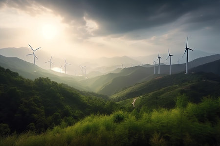 A wind turbine farm generating renewable green energy in a picturesque natural environment, contributing to sustainable development and eco friendly industries. Generative AIの素材