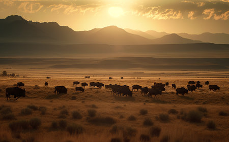 The beauty and vastness of the savannah with its endless golden grasslands and majestic mountains in the distance. Generative AIの素材