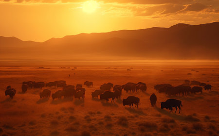 The beauty and vastness of the savannah with its endless golden grasslands and majestic mountains in the distance. Generative AIの素材