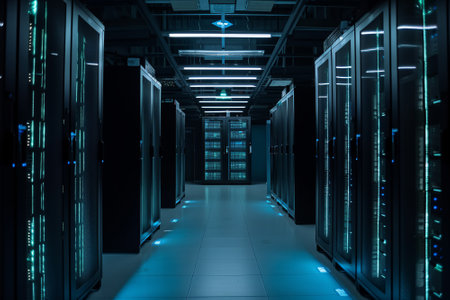 A server room filled with rows of storage systems and tech equipment, serving as the backbone of the global internet network and connecting businesses worldwide. Generative AIの素材
