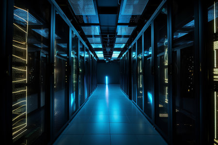A server room filled with rows of storage systems and tech equipment, serving as the backbone of the global internet network and connecting businesses worldwide. Generative AIの素材