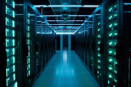 A server room filled with rows of storage systems and tech equipment, serving as the backbone of the global internet network and connecting businesses worldwide. Generative AIの素材