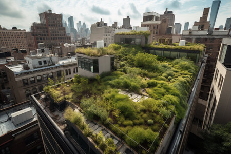 The transformation of a concrete jungle into a lush oasis where massive vertical gardens are incorporated into the city's architecture. The intersection of nature and urban living, generative AIの素材
