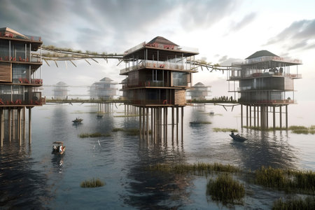 An imagined future where communities adapt to the impacts of rising sea levels by building floating cities or coastal communities on stilts. Generative AIの素材