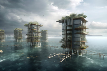 An imagined future where communities adapt to the impacts of rising sea levels by building floating cities or coastal communities on stilts. Generative AIの素材
