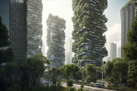 A city skyline with towering greenery integrated into buildings, helping to reduce the urban heat island effect and improve air quality. Generative AIの素材