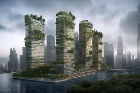 A city skyline with towering greenery integrated into buildings, helping to reduce the urban heat island effect and improve air quality. Generative AIの素材