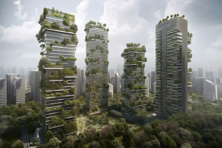 A city skyline with towering greenery integrated into buildings, helping to reduce the urban heat island effect and improve air quality. Generative AIの素材