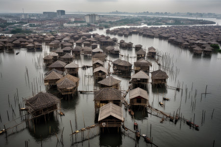 An imagined future where communities adapt to the impacts of rising sea levels by building floating cities or coastal communities on stilts. Generative AIの素材