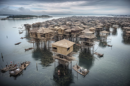 An imagined future where communities adapt to the impacts of rising sea levels by building floating cities or coastal communities on stilts. Generative AIの素材