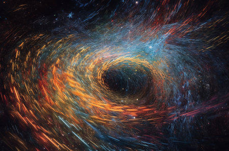 An abstract concept of a universe where beings travel through a transparent tunnel to move seamlessly between dimensions, space, and time. Generative AIの素材