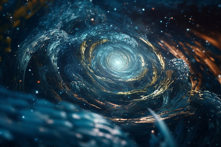 An abstract concept of a universe where beings travel through a transparent tunnel to move seamlessly between dimensions, space, and time. Generative AIの素材