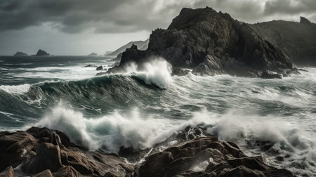 A typhoon approaches the coastline, bringing with it rough seas and towering waves crashing against the rocks. Generative AIの素材