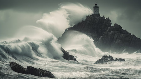 A typhoon approaches the coastline, bringing with it rough seas and towering waves crashing against the rocks. Generative AIの素材