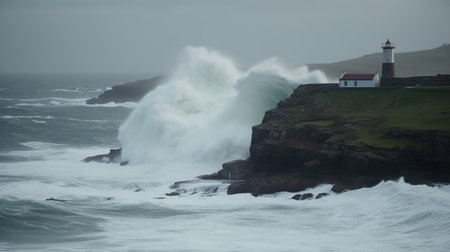 A typhoon approaches the coastline, bringing with it rough seas and towering waves crashing against the rocks. Generative AIの素材
