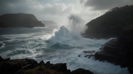 A typhoon approaches the coastline, bringing with it rough seas and towering waves crashing against the rocks. Generative AIの素材