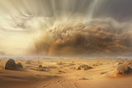A massive sandstorm engulfing the skies above the desert. The essence of nature, environmental awareness, and the emotions trapped within it. Generative AIの素材