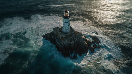 The strength and beauty of a lighthouse tower, perched on a rocky cliff and overlooking the endless blue of the ocean. Generative AIの素材