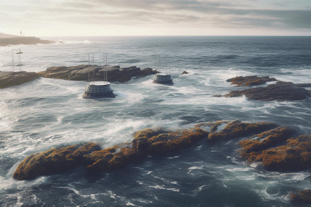 The rocky coast while promoting sustainable energy practices with offshore wave energy converters. A stunning landscape captures the harmony between nature and technology. Generative AIの素材
