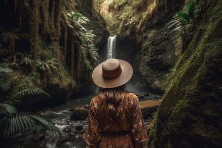 Boho girl walking at a hidden waterfall in a lush forested canyon, rear view. Travel light with ease and let nature guide you concept. Generative AIの素材
