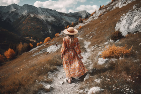 Boho girl walking at a mountain trail with stunning vistas and fresh alpine air, rear view. Travel light with ease and let nature guide you concept. Generative AIの素材
