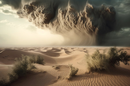 A massive sandstorm engulfing the skies above the desert. The essence of nature, environmental awareness, and the emotions trapped within it. Generative AIの素材
