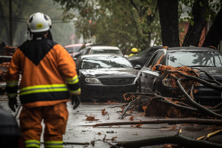 Back view of firefighters helping to clear fallen trees off cars in the aftermath of a stormy, rainy day. Generative AIの素材