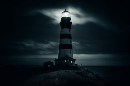 A dark and eerie lighthouse stands tall in the night, with a bright and ominous light shining from its tower. Generative AIの素材