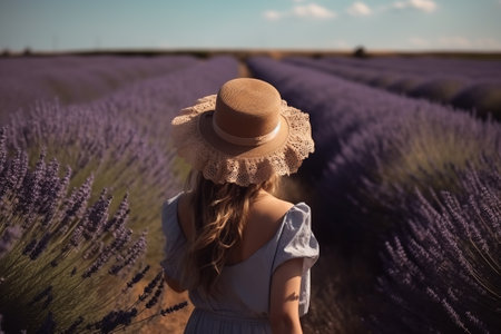 Boho girl walking at a lavender field, rear view. Travel light with ease and let nature guide you concept. Generative AIの素材